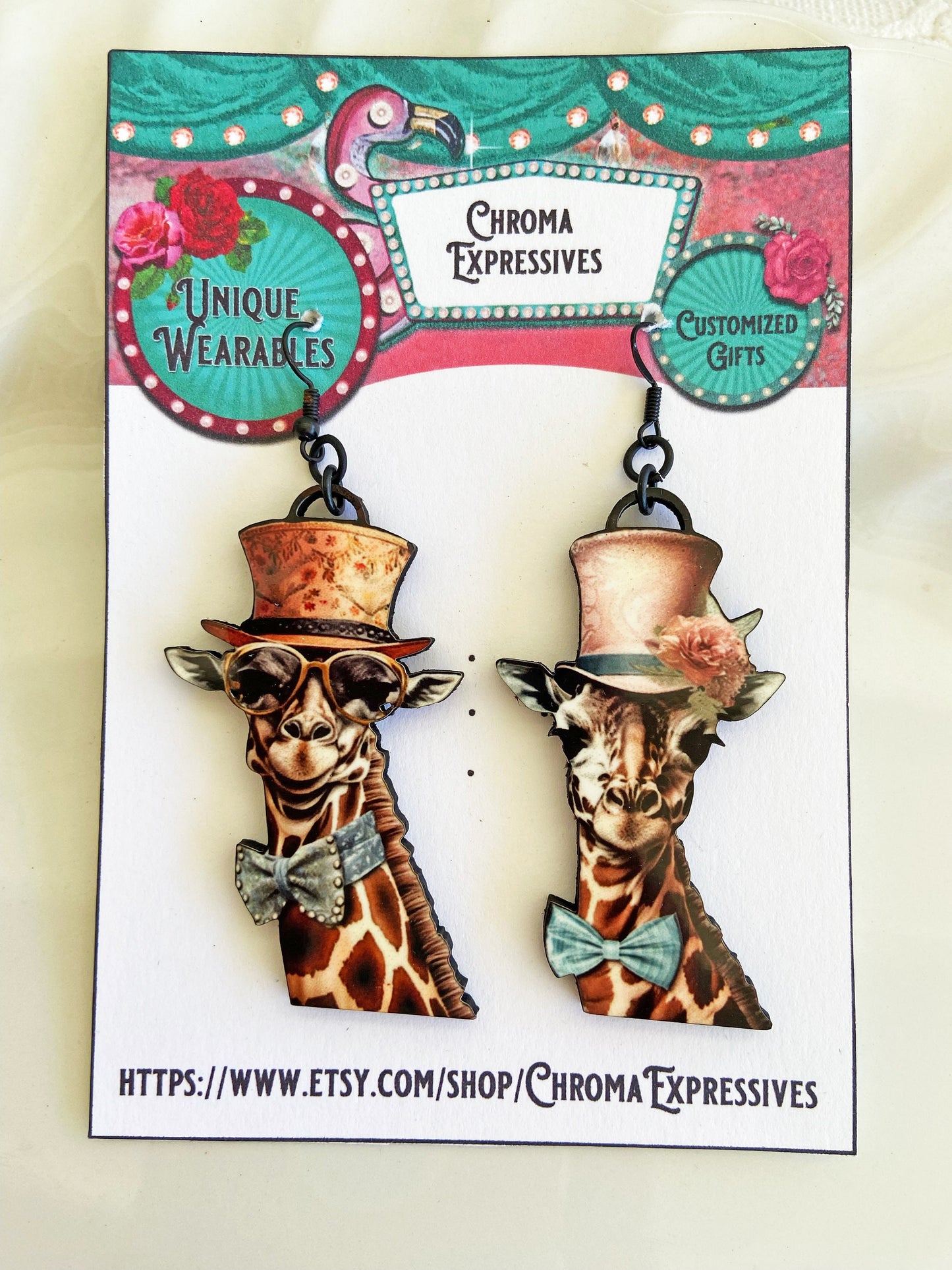 Meet Betty & Frank, Cute Giraffe Couple Earrings ~ Handmade of Laser Cut Wood and Sublimated Image, Illustration Jewelry, Gift Idea