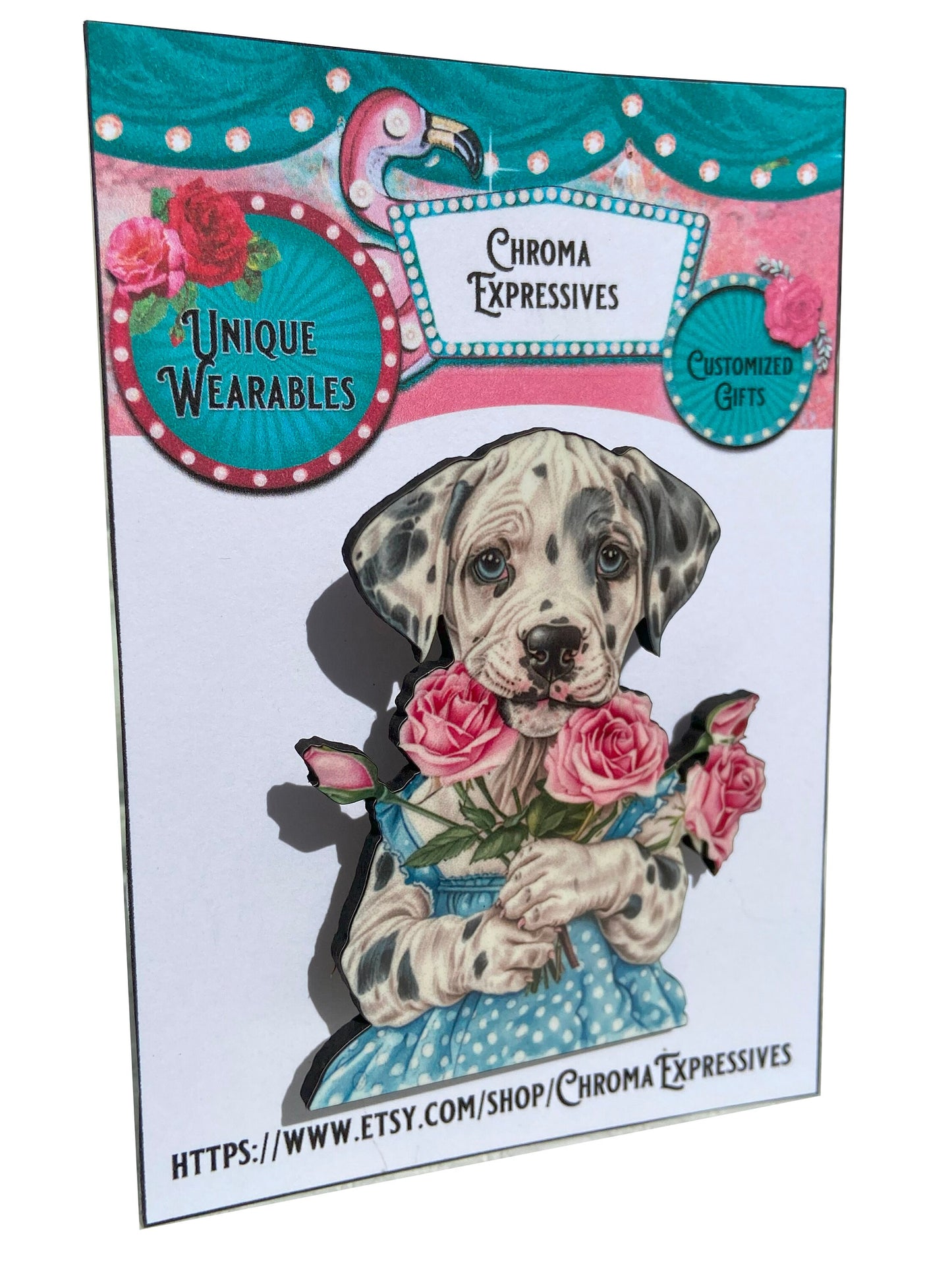 Sweetest Puppy ~ Unique Laser Cut & Sublimated Brooch / Pin ~ Gift, Lightweight, Dalmatian with Roses, illustration jewelry