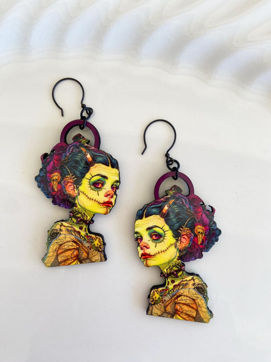 Apocalypse Survivor Girl Handcrafted Earrings, Illustration Jewelry, Oddity Earrings, Zombie Girl, Laser Cut and Sublimated Image