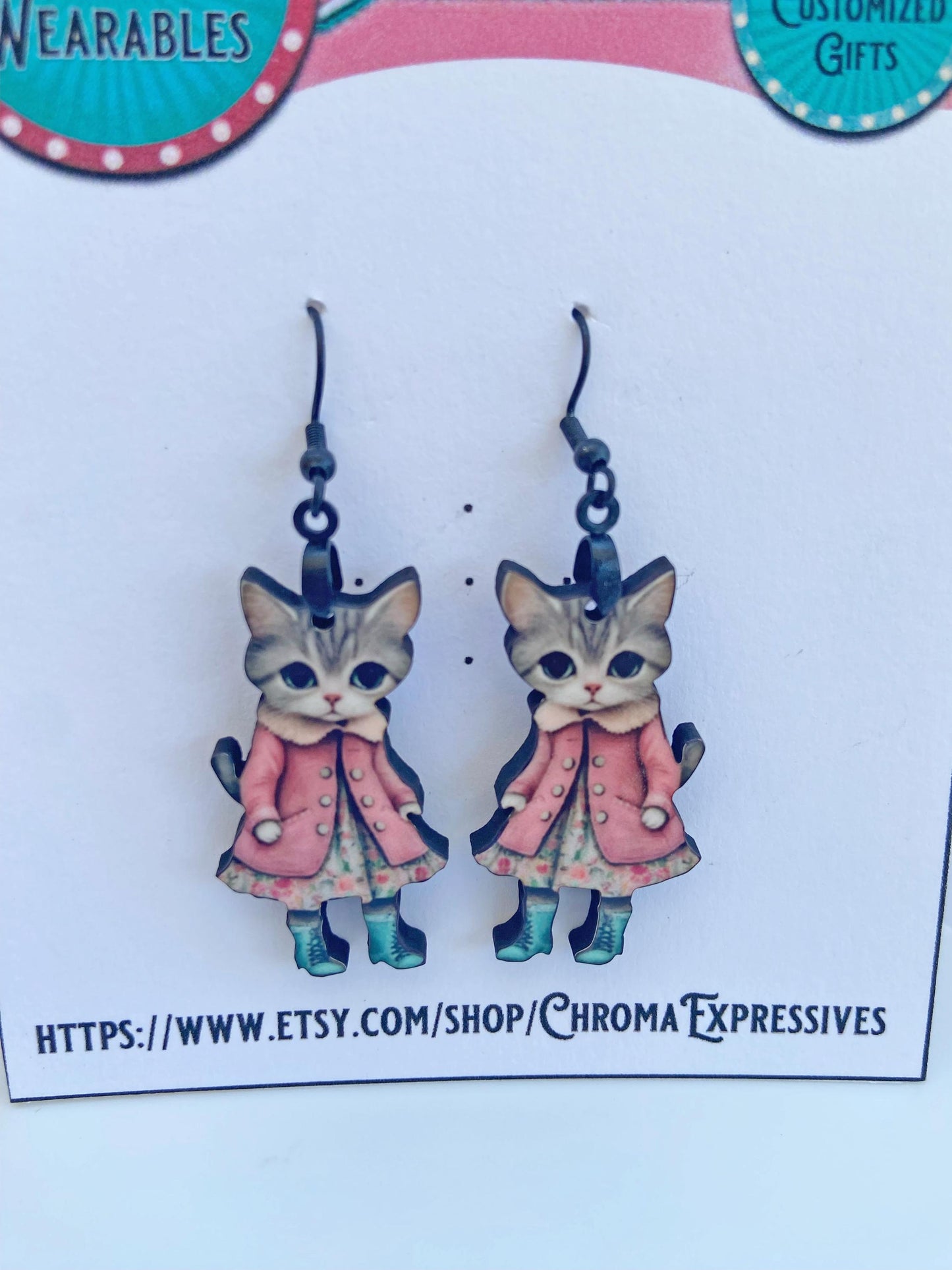 Pink Coat Cute Cat Brooch or Earrings, Clip-on or Wires, Adorable Wearable Art, Winter Ready with her Boots.  Laser cut wood, Sublimation