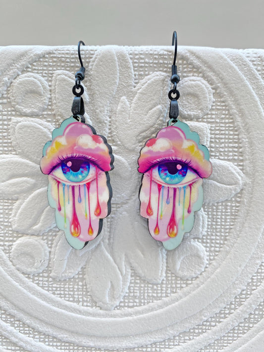 Eye Candy Earrings ~ 3rd Eye, Happy Tears, Pastel Oddity Earrings ~ Handcrafted, Laser Cut, Sublimated for Durability. Pierced or Clip On