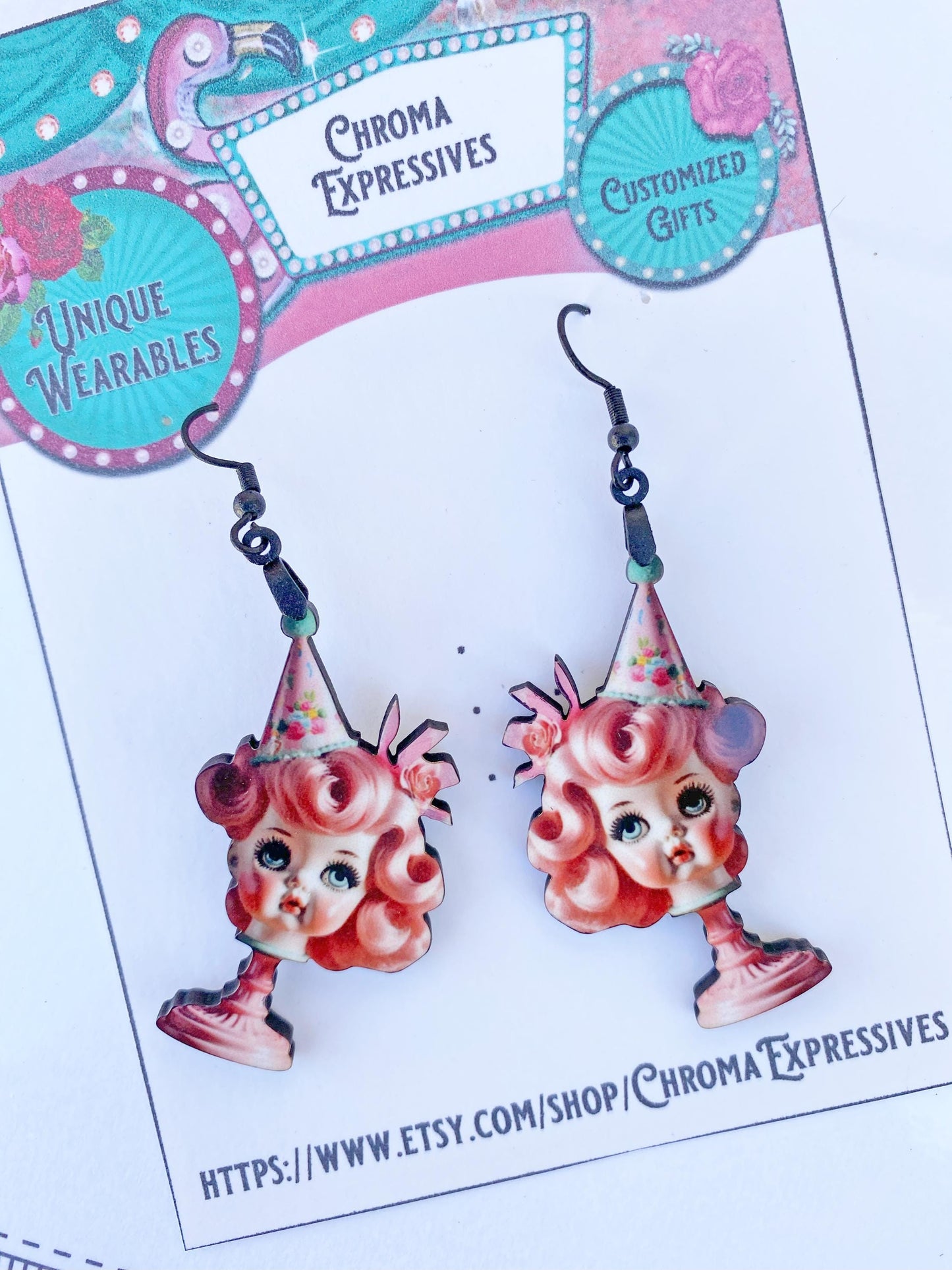 Quirky Doll Head Birthday Girl Earrings - For the Birthday Girl! Laser Cut Wood with Sublimated Design. Ear Wires or Clip-On