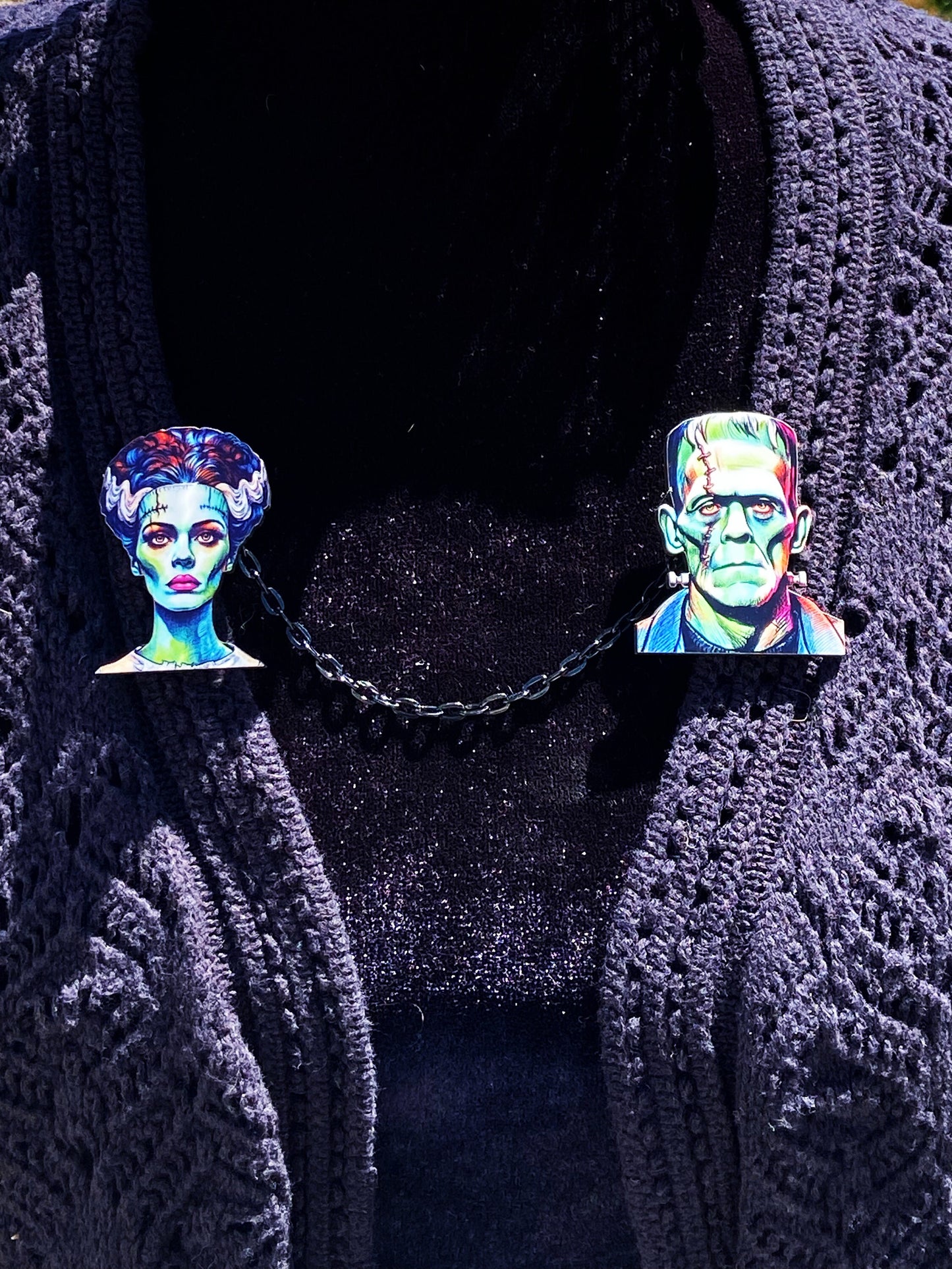 Frankenstein & His Bride Collar / Sweater Clips or Earrings ~ Spooky Wearable Art ~ Laser Cut Wood, Sublimated Illustration