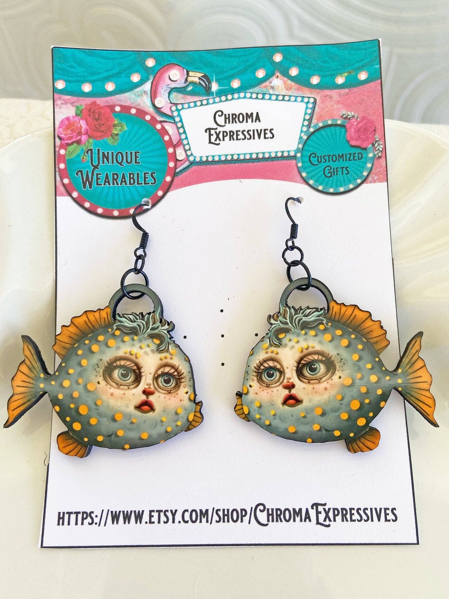 Awesome, Whimsical & Odd Earrings ~ Handcrafted, Laser Cut Wood, Sublimated Illustration ~ Blow Fish Design, Unique and Fun