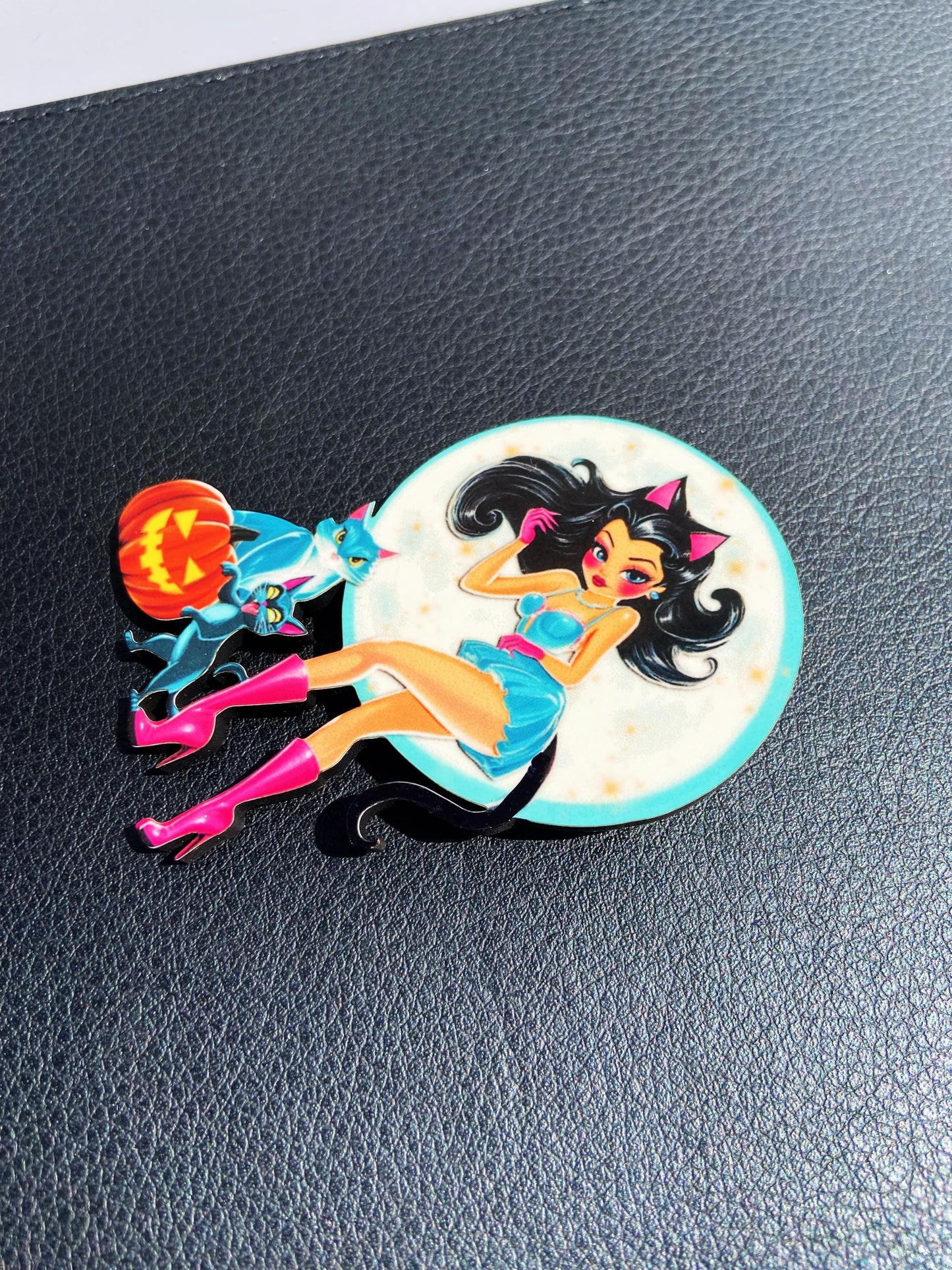 Cat Lady Halloween Brooch / Pin, Illustrated Art, Wearable Art, Spooky Season Jewelry, Cat Lover Gift, Pumpkin and Kittens