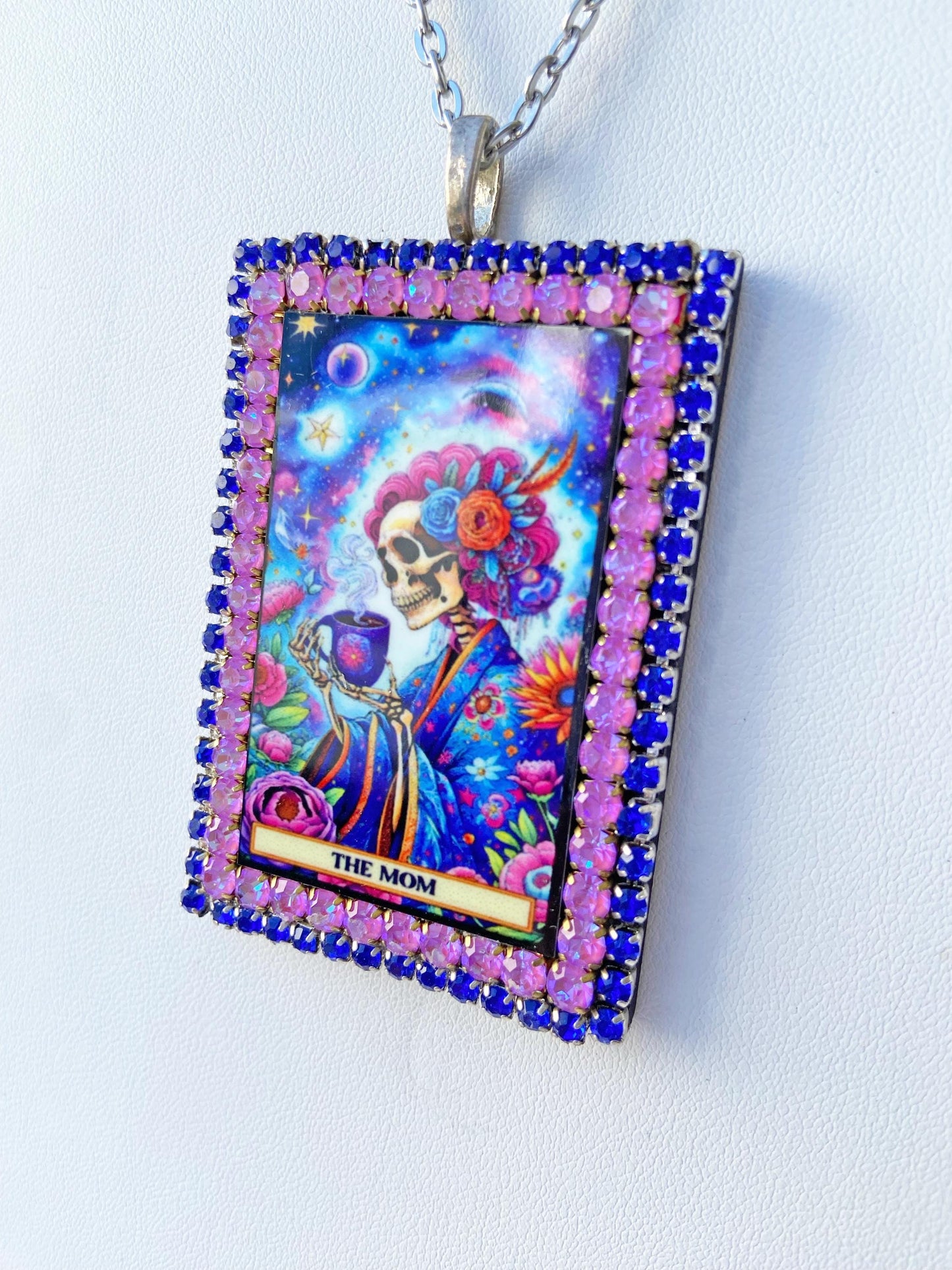 Tarot Card Necklace ~ Plant Lady, Dog Lover, Mom, Teacher, Cool Grandma, Colorful Rhinestones, Laser Cut Wood with Sublimated Images