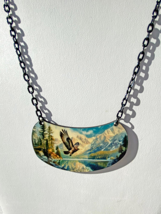 Beautiful Nature Scene Necklace, Hawk, Lake Mountains, Handcrafted ~ Gift for Nature Lover, Laser cut Wood, Sublimated Illustration