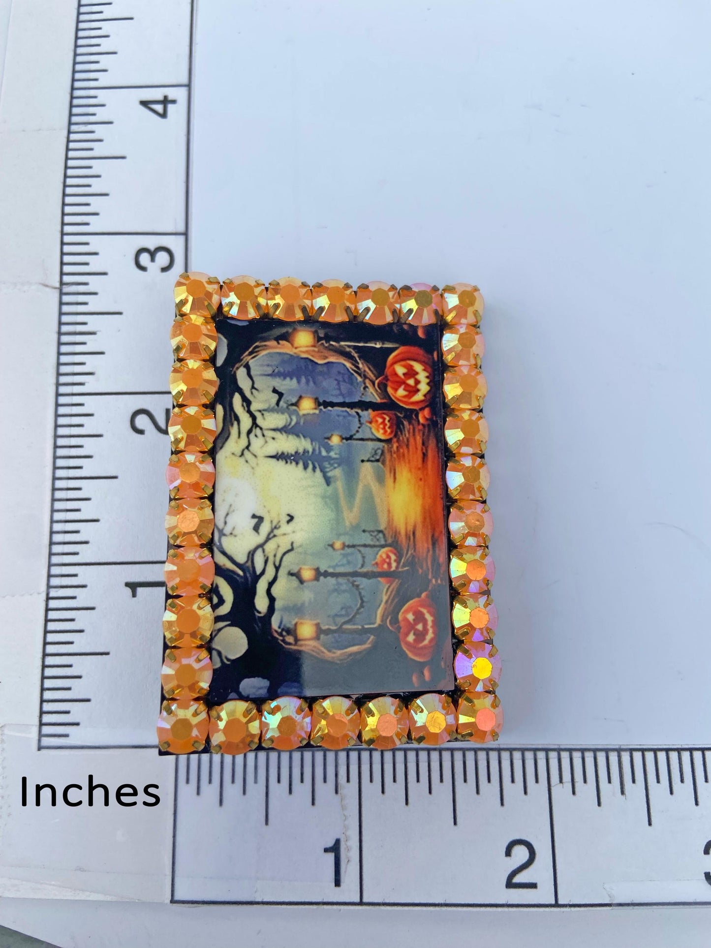 Halloween Themed Brooch, Spooky Forest, Pumpkins, Orange Rhinestones, Gift for Halloween or Spooky Season Lover ~ Laser Cut Wood, Sublimated