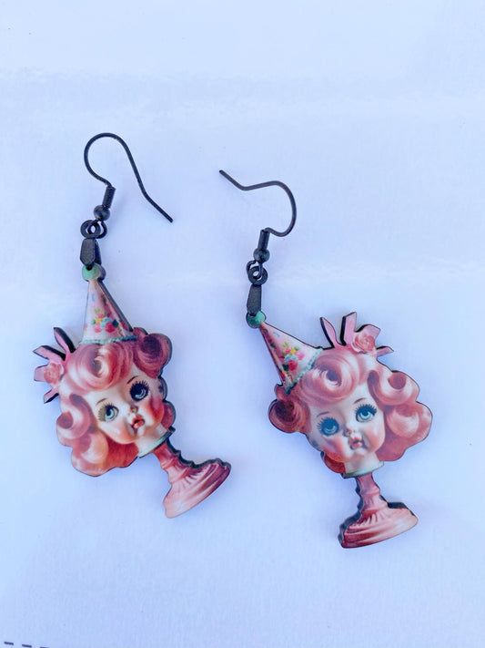 Quirky Doll Head Birthday Girl Earrings - For the Birthday Girl! Laser Cut Wood with Sublimated Design. Ear Wires or Clip-On