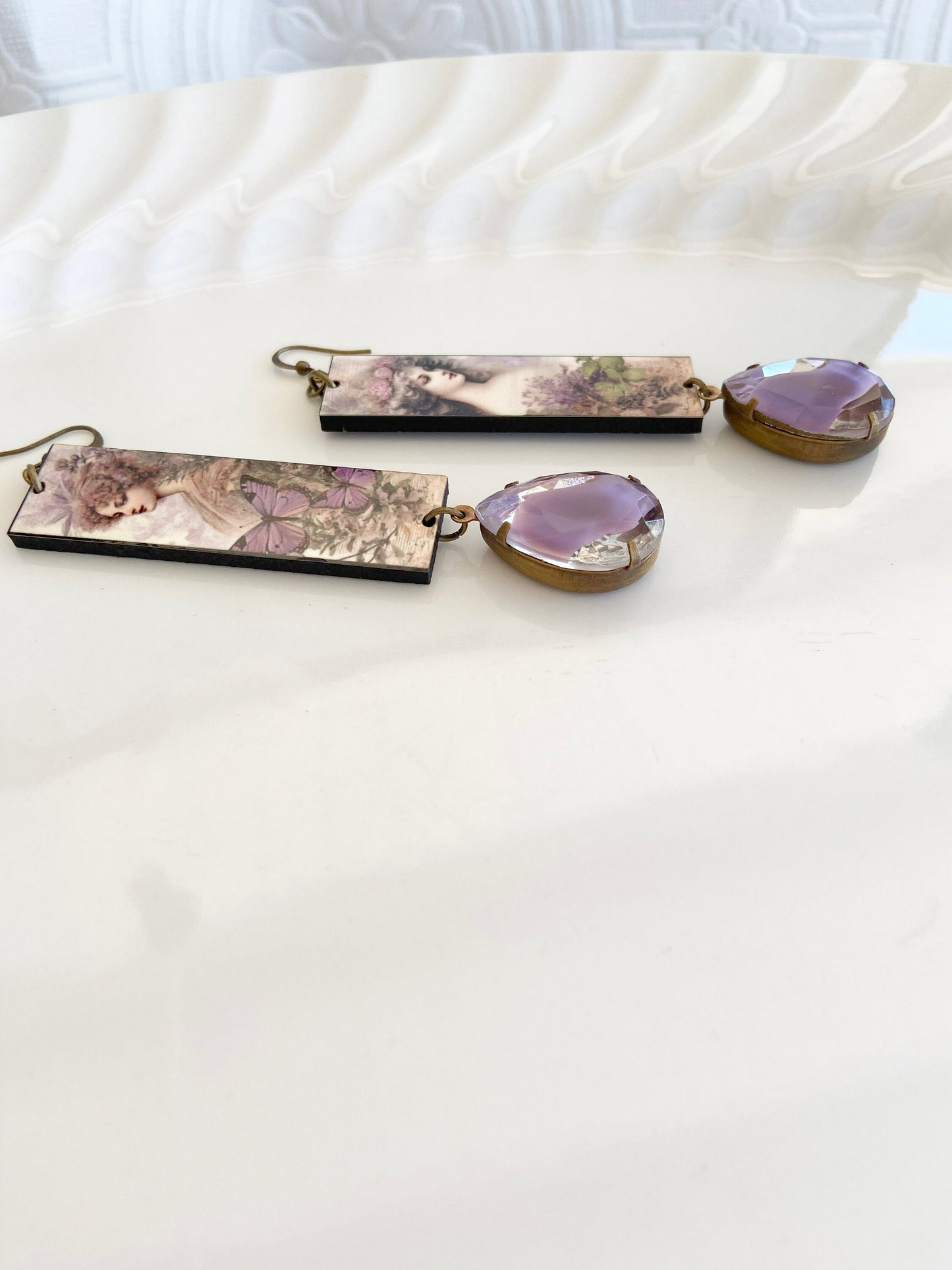 Lovely Handmade Dangle Earrings Featuring Vintage Victorian Ladies in Purple.  Each side is different, Vintage Purple Givre Rhinestone