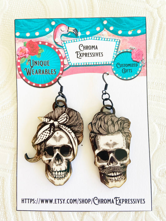 Cool Skeleton Face Couple Earrings ~ Handcrafted ~ Laser Cut Wood & Sublimated Illustration ~ Oddity, Whimsical, Spooky and Fun