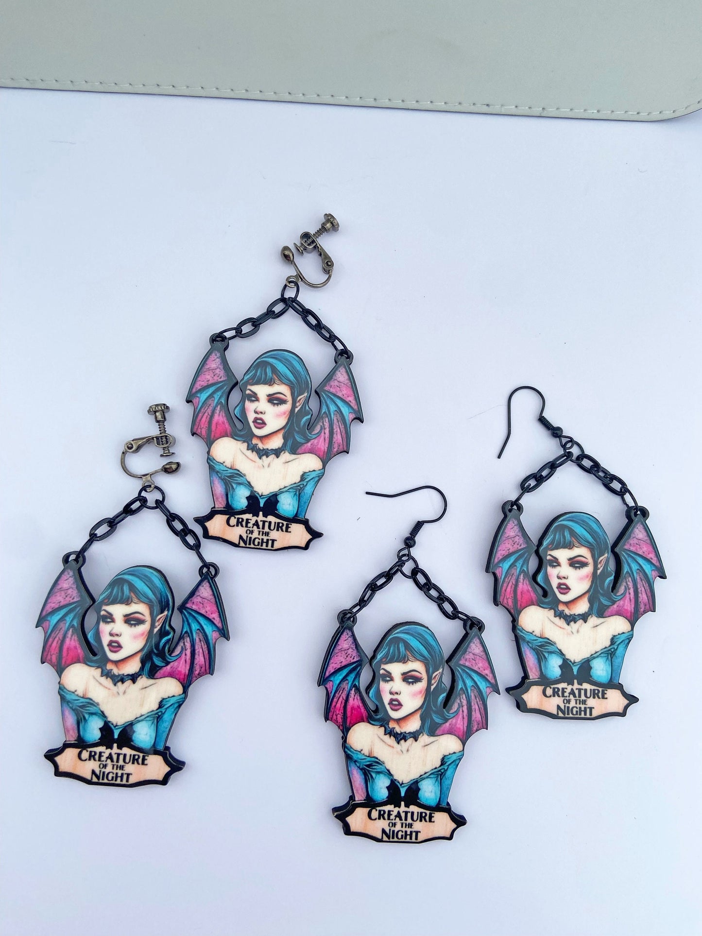 Illustration Art Bat Necklace, Earrings or Brooch ~ Bat Woman / Girl, Creature of the Night ~ Blue and Pinks, Great Gift Idea