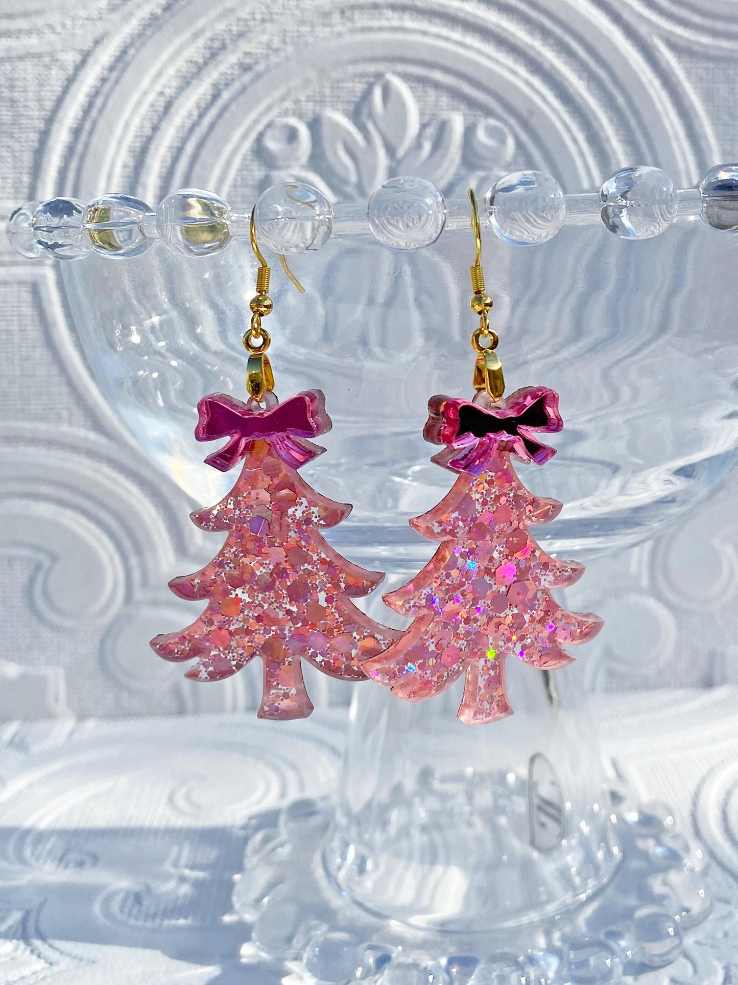 Pink Christmas Tree Glitter Earrings ~ Super Glitzy Handcrafted Tree Earrings with Silver Bows, Ear Wire or Clip-on Available.