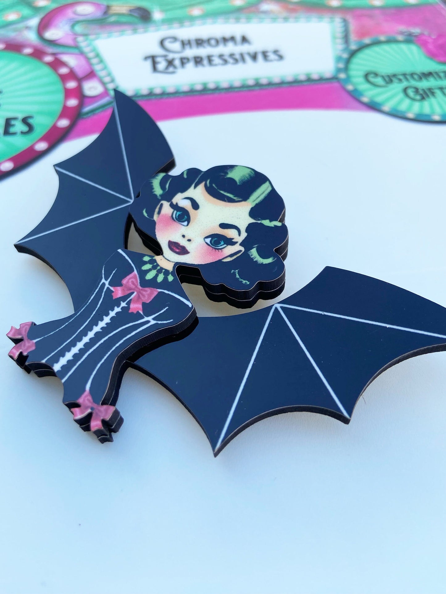Female Bat Oddity Brooch or Necklace, Corset Wearing Bat, Spooky Season Jewelry, Whimsical and Fun, Illustration Art, Wearable Art