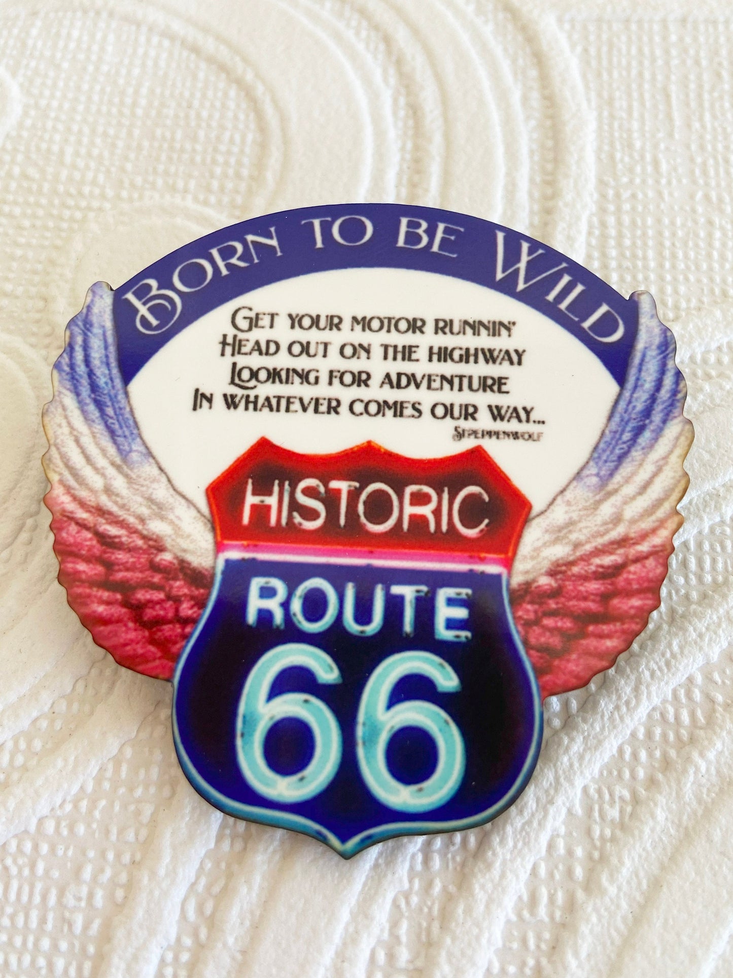 Route 66 Themed Brooch, Born to be Wild, Red, White Blue, Unique and Fun Pin / Brooch