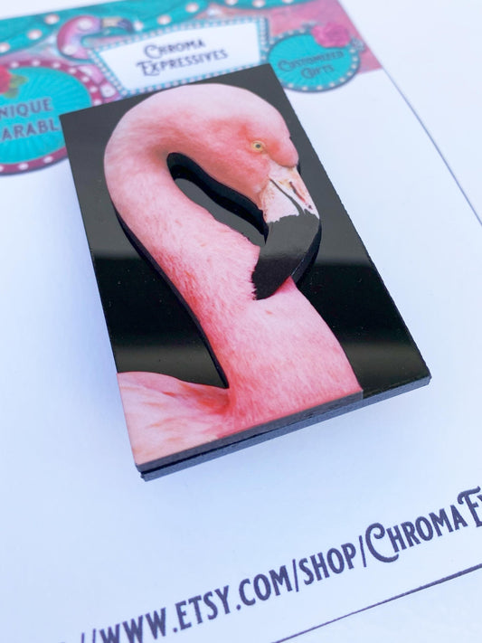 Tropical Flamingo Brooch - Laser Cut Wood & Acrylic with Sublimated Image for Durability, Art Deco Style