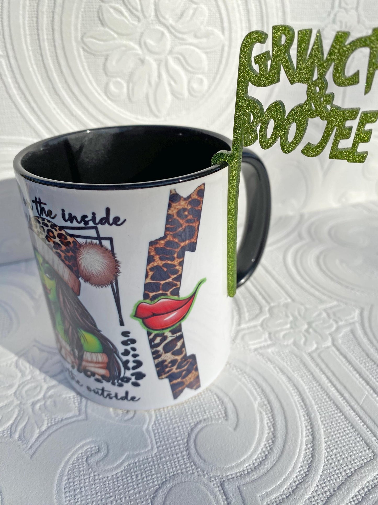 Grinch Coffee Mug ~ Grinchy and Boojee ~ Unique Design, Includes Mug Sitter, Gift Idea for Friend