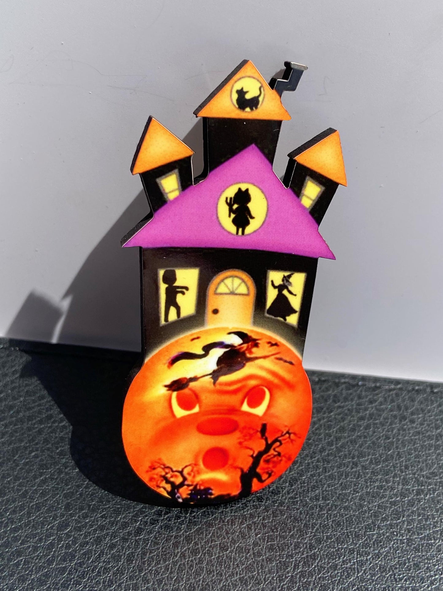 Halloween Brooch, Spooky Season Jewelry, Haunted House, Scared Moon with Witch, Halloween Lover Gift, Laser Cut Wood, Sublimated Image