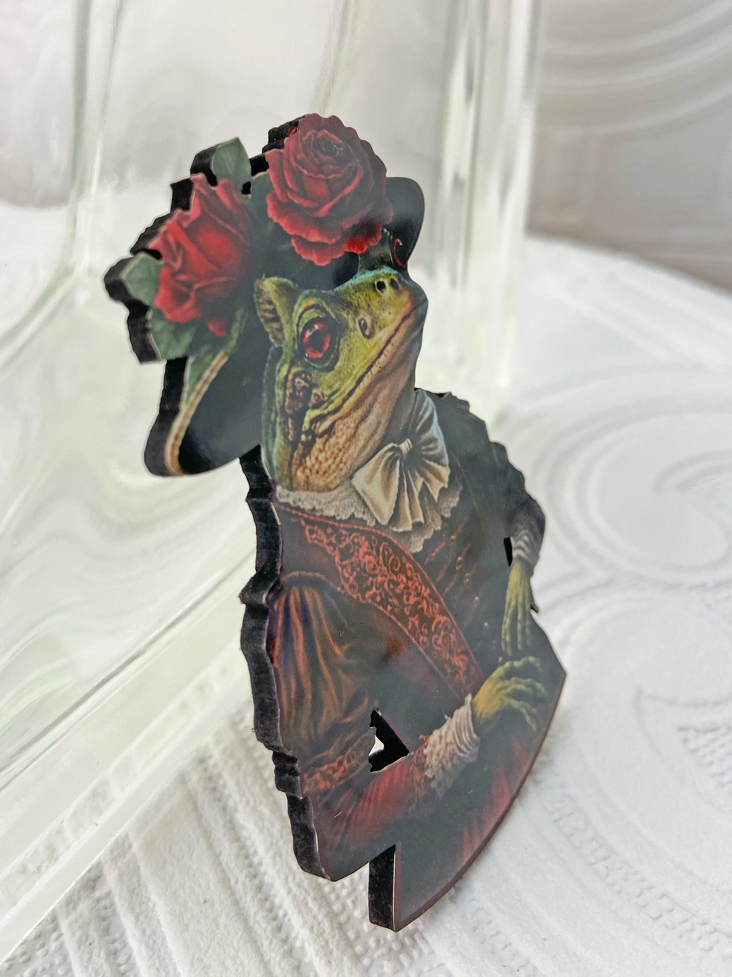 Pretty & sophisticated Ms. Toad Brooch ~ Decked out in wine-colored Victorian Dress and Fancy Floral Hat ~ Laser Cut Wood / Sublimated image