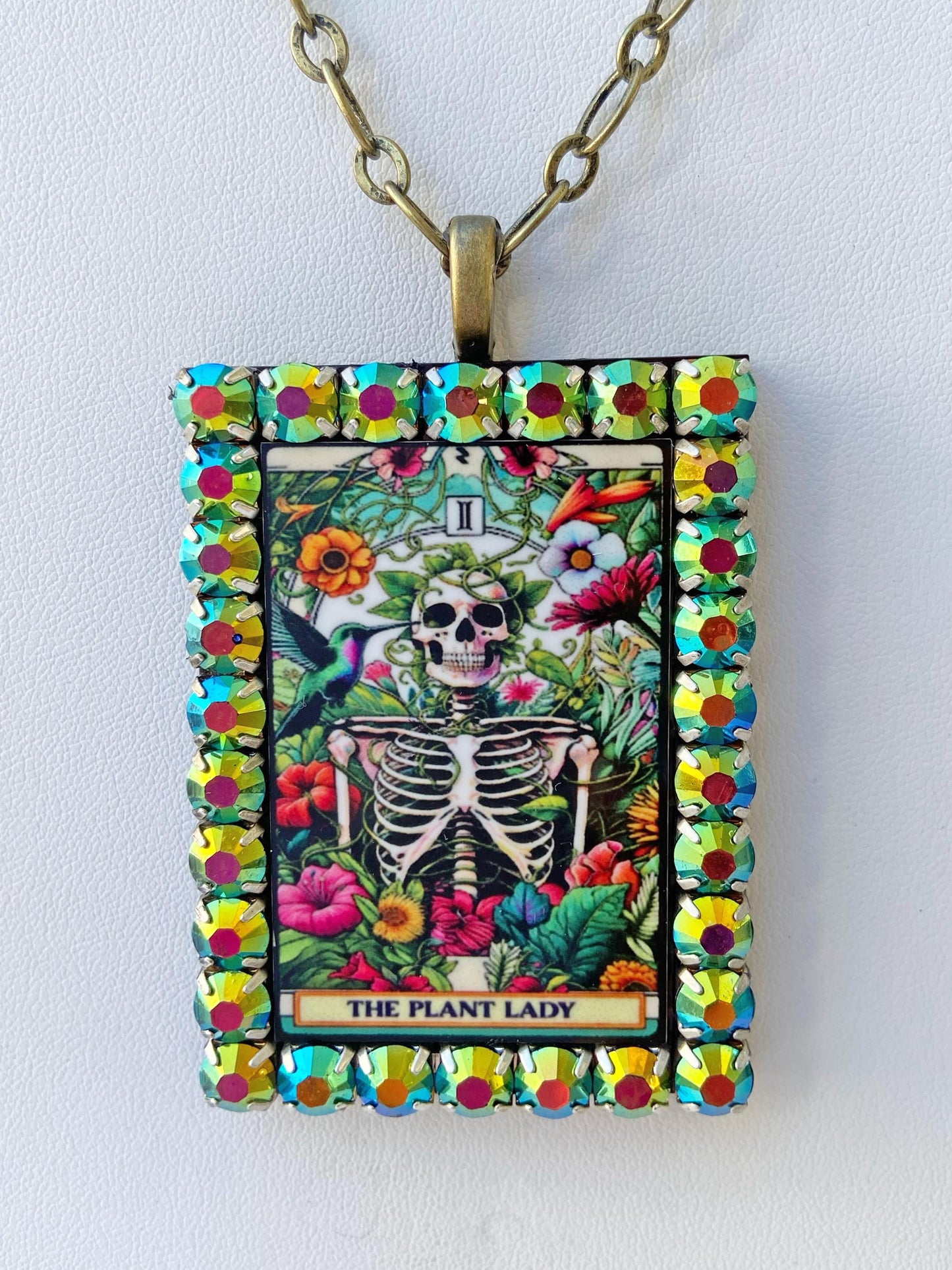 Tarot Card Necklace ~ Plant Lady, Dog Lover, Mom, Teacher, Cool Grandma, Colorful Rhinestones, Laser Cut Wood with Sublimated Images