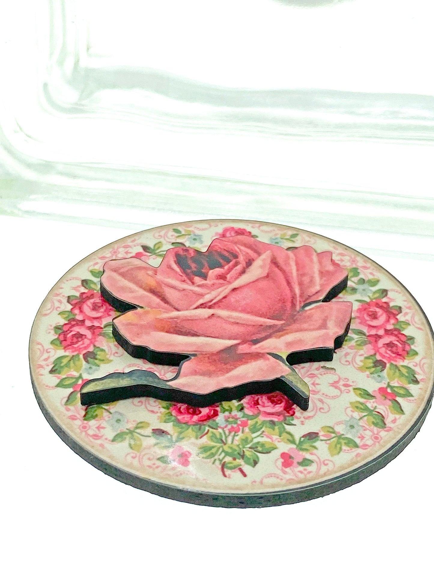 Beautiful Rose Round Brooch, 2 Layers, Pink and Red, Laser Cut Wood with Illustration Sublimated on top.  Feminine Gift, Gift for Mom