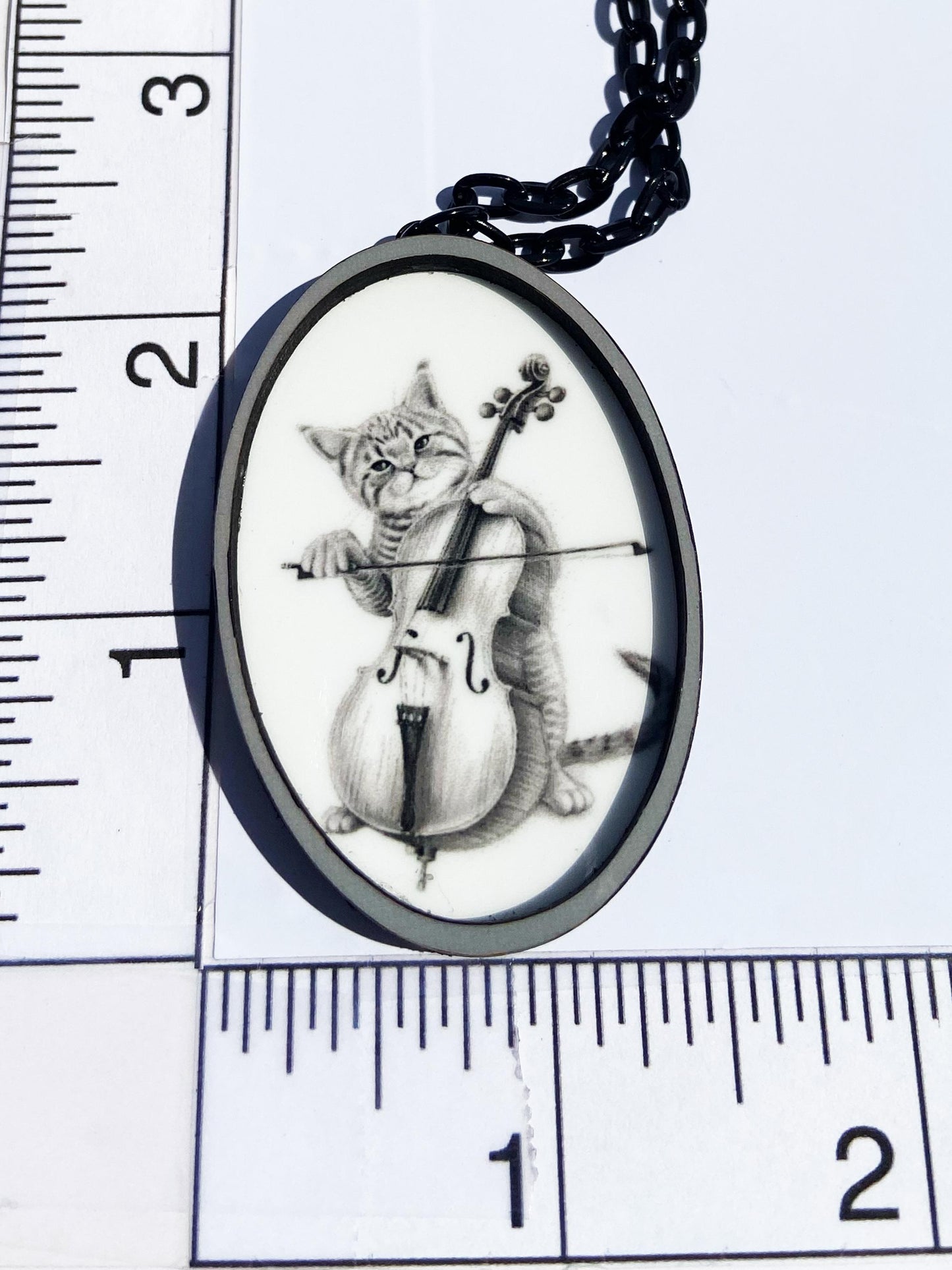 Cool Cat Playing the Cello Necklace, Musical Feline, Gift for Cat Lover, Gift for Cello Lover, Laser cut wood, Sublimation Image