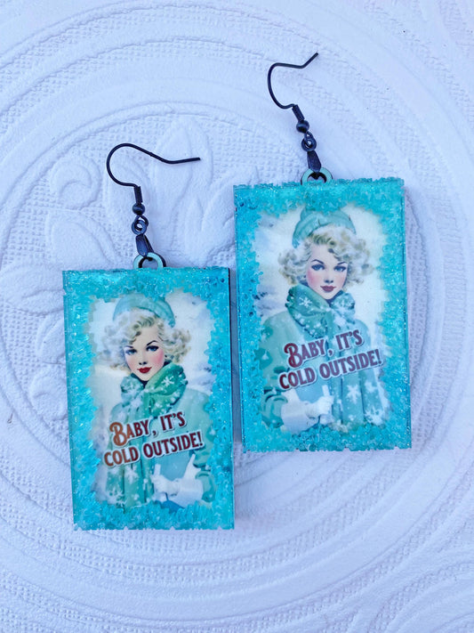 Beautiful "Baby it's Cold Outside" Earrings ~ Clip-on or Ear Wire ~ Handcrafted ~ Vintage Winter Theme ~ Wood and Acrylic