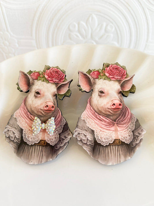 Handcrafted Brooch / Pin, Your Choice of Sweet Pig With or Without Rhinestone Bow, Illustration Jewelry, Laser Cut Wood, Sublimated Image