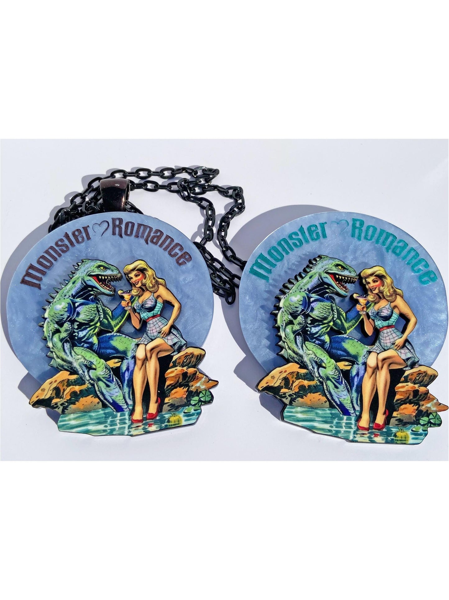Monster Romance Necklace or Brooch ~ Swamp Man and his Beautiful Damsel~Great for Lovers of Spooky Halloween Season, Monster & Horror Films