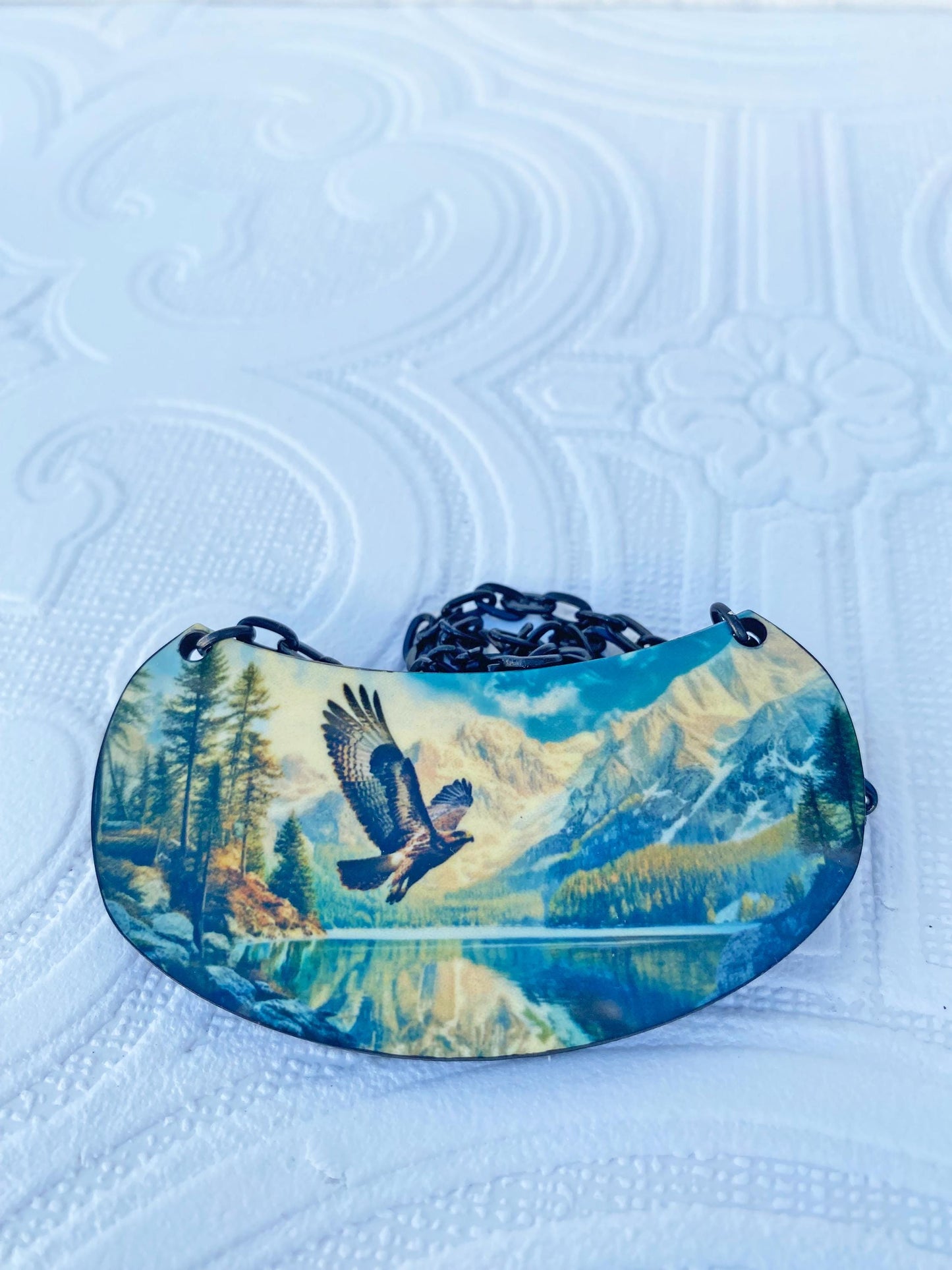 Beautiful Nature Scene Necklace, Hawk, Lake Mountains, Handcrafted ~ Gift for Nature Lover, Laser cut Wood, Sublimated Illustration