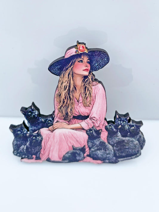 Mystical Woman & Black Cats Brooch – Sublimated Laser Cut Wood | Witchy Whimsy for Cat Lovers and Vintage Fashion Fans