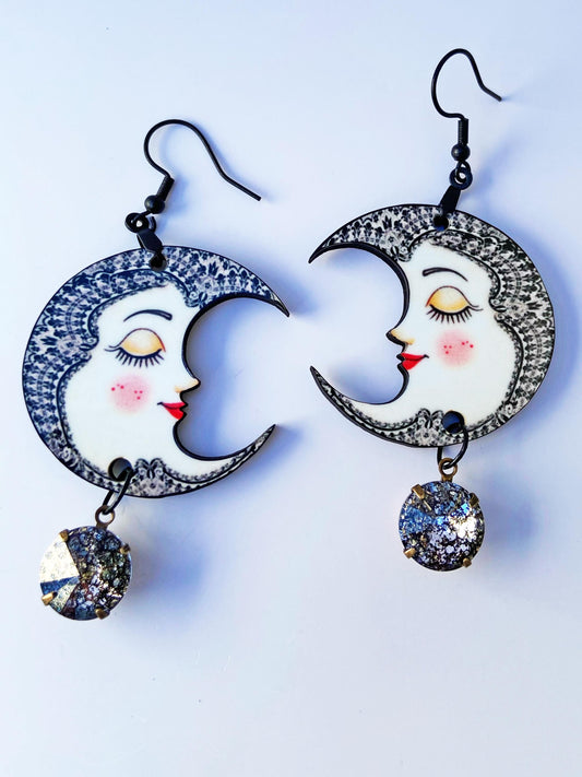 Pretty Lady Moon Earrings with Rivoli Dangle ~ Waning Moon, Celestial Jewelry, Gift for Mom, Wife or Friend