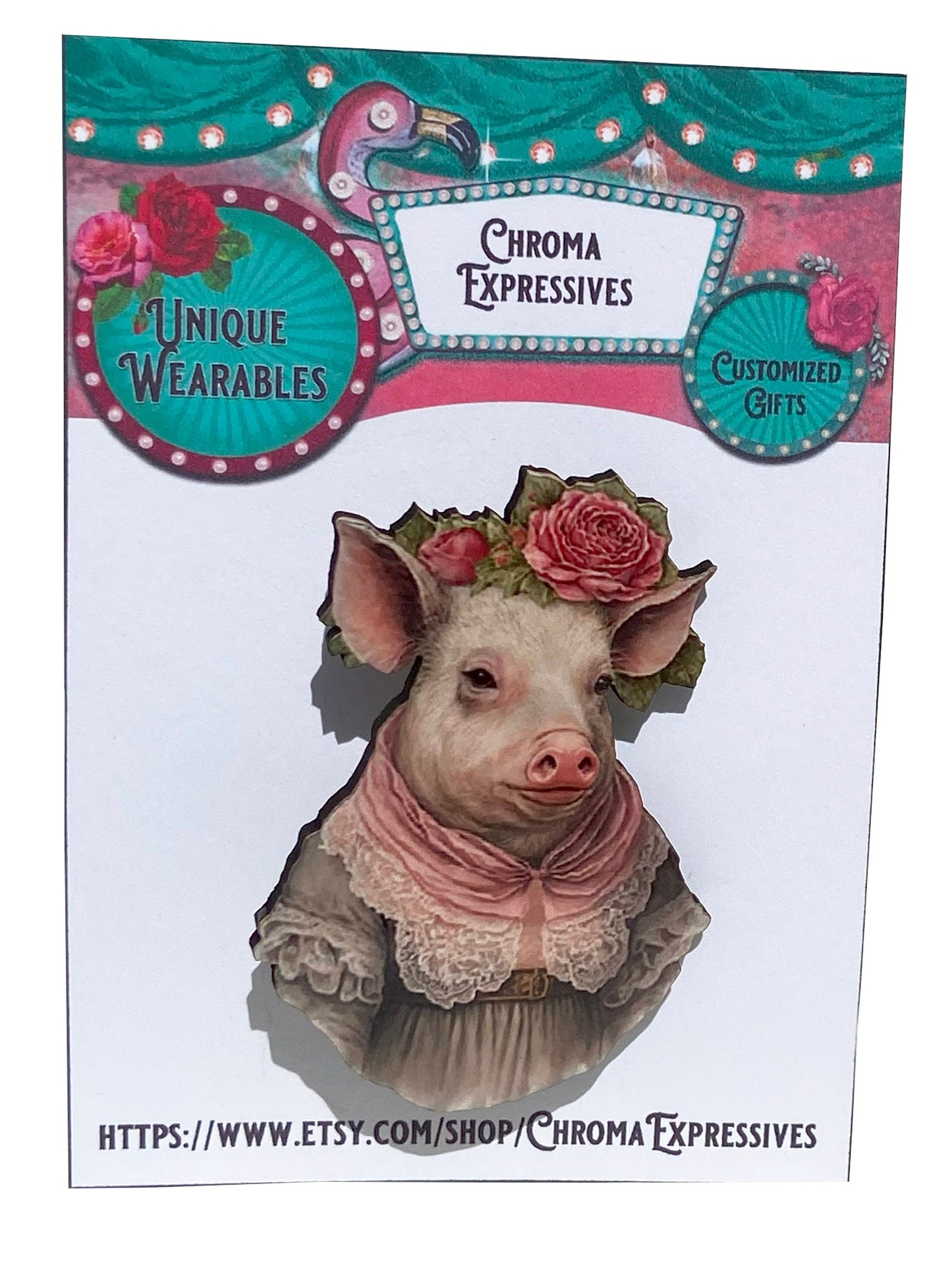 Handcrafted Brooch / Pin, Your Choice of Sweet Pig With or Without Rhinestone Bow, Illustration Jewelry, Laser Cut Wood, Sublimated Image