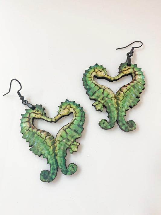 Handmade Wooden Seahorse Heart Earrings – Laser Cut & Sublimated for Durability – Ocean-Inspired Statement Jewelry