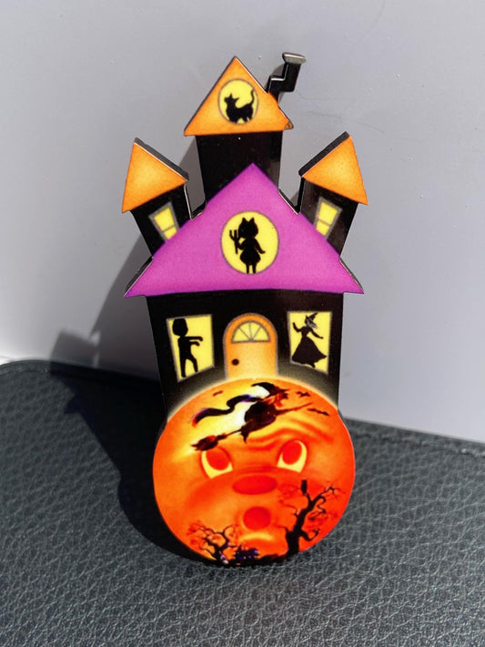 Halloween Brooch, Spooky Season Jewelry, Haunted House, Scared Moon with Witch, Halloween Lover Gift, Laser Cut Wood, Sublimated Image