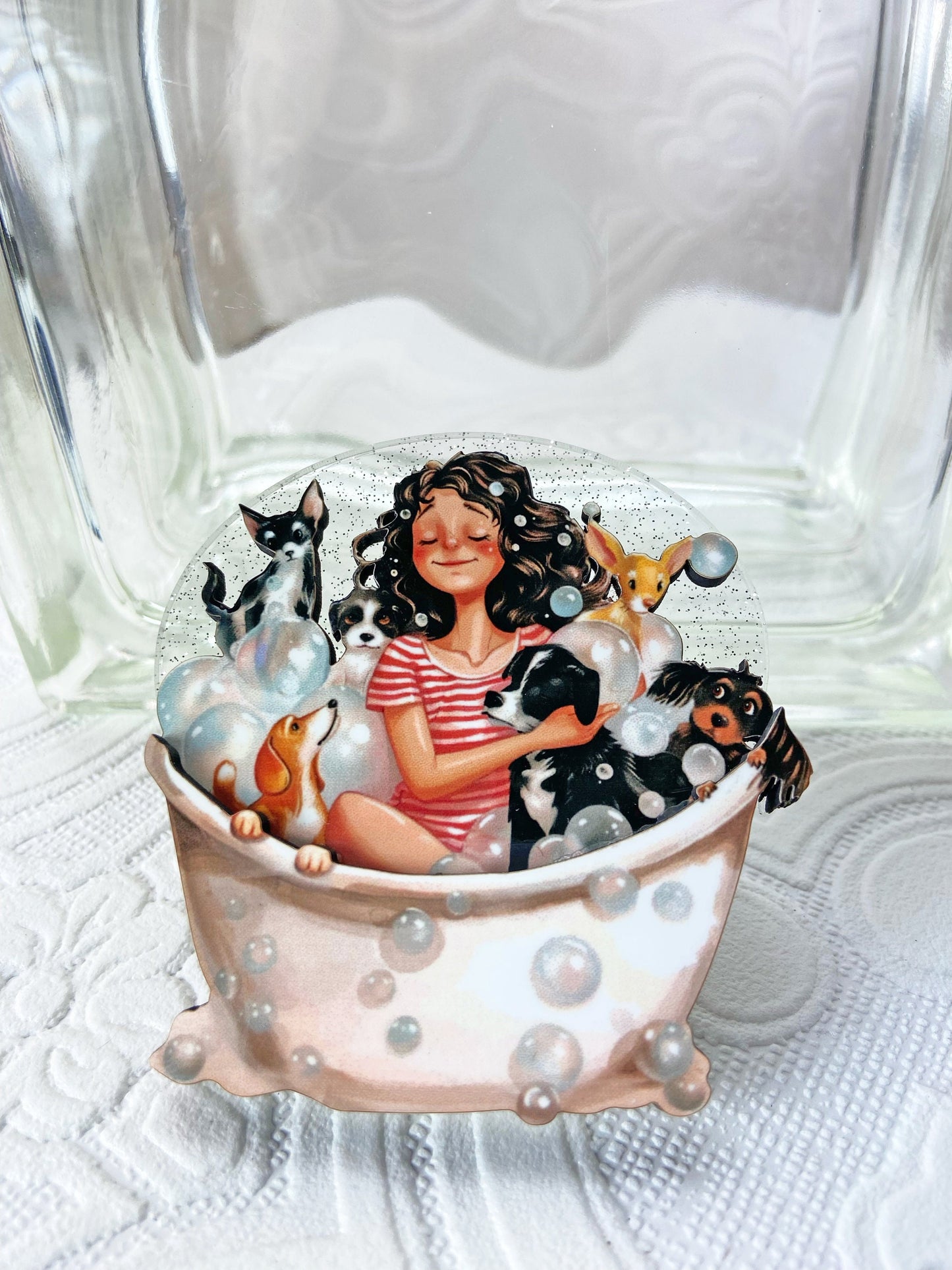 Adorable Handcrafted Dog Wash Brooch ~ Illustration of Happy Dogs getting Cleaned Up ~ Laser Cut Wood and Acrylic ~ Unique Gift Idea