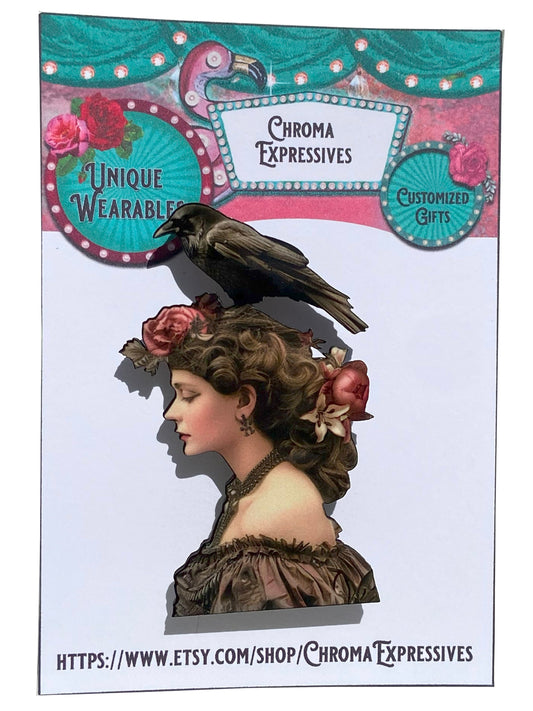 Unique Handcrafted Brooch / Pin, Victorian Woman with Raven or Crown in her Hair, Great gift for Poe Reader or Book Lover