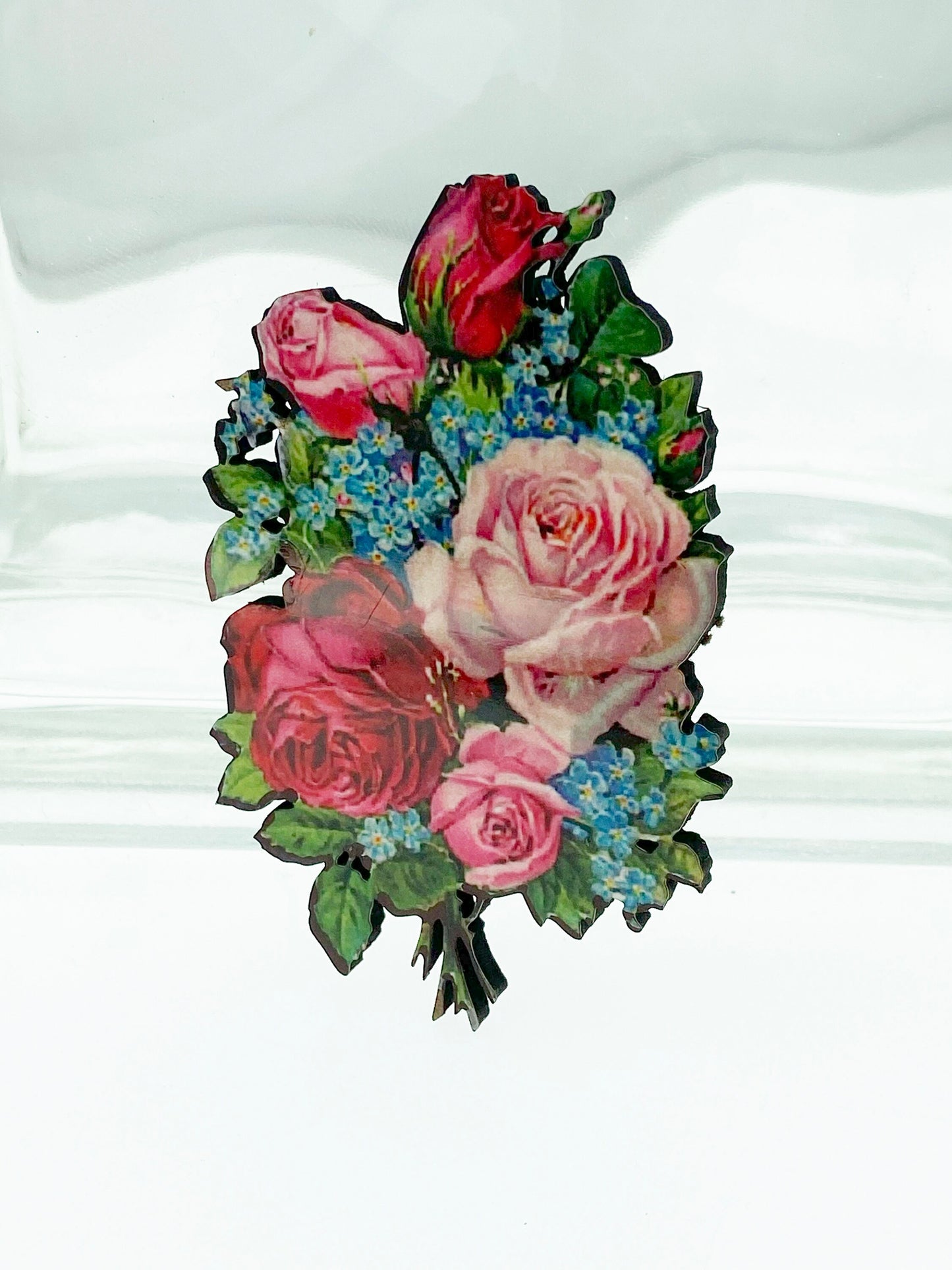 Lovely Unique Wooden Illustration Brooch / Pin, Floral Bouquet in Pink, Rd and Blue, Great Gift Idea, Roses, Gift for Mom, Wife, Friend