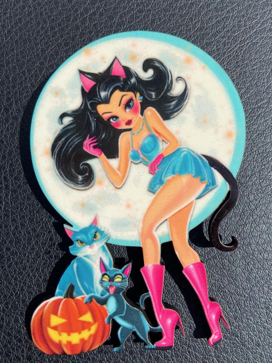 Cat Lady Halloween Brooch / Pin, Illustrated Art, Wearable Art, Spooky Season Jewelry, Cat Lover Gift, Pumpkin and Kittens