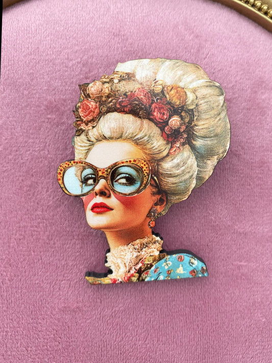 Marie Antoinette with Attitude Brooch – Sublimated Laser Cut Wood | Vintage Glam Meets Modern Sass