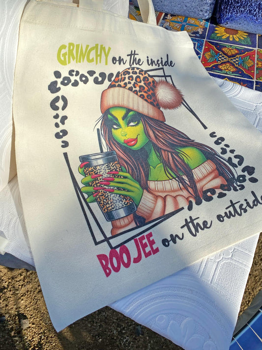 Unique Canvas Tote Bag ~ Grinchy on the Inside, Boojee on the Outside ~ Beautiful Design, Pretty Grinch Woman Drinking Coffee