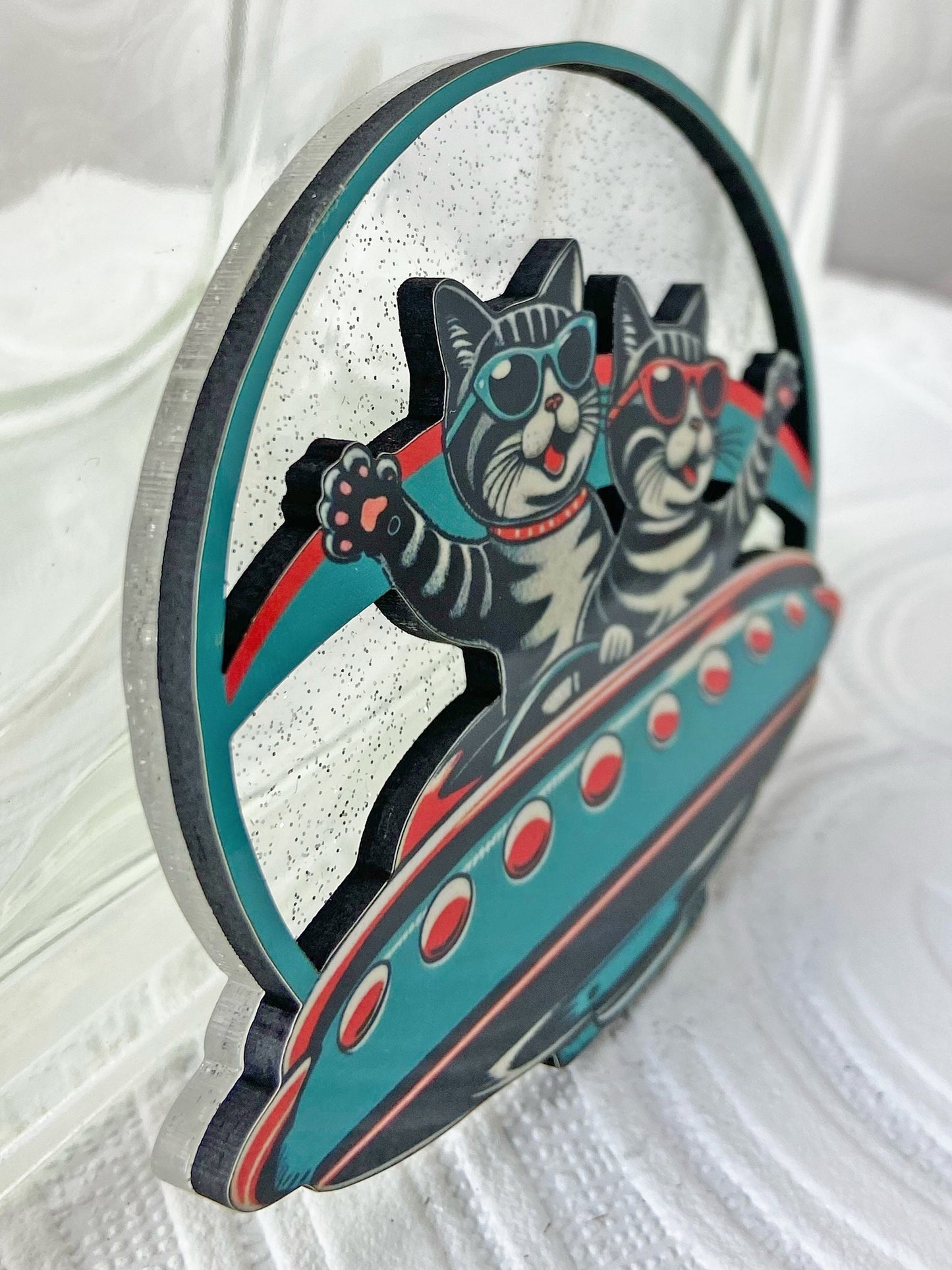 Cool Cats in Outer Futuristic Space Brooch / Pin ~ Flying Saucer, Teal & Red, Wood and Acrylic Laser Cut, Handcrafted, Unique Gift Idea