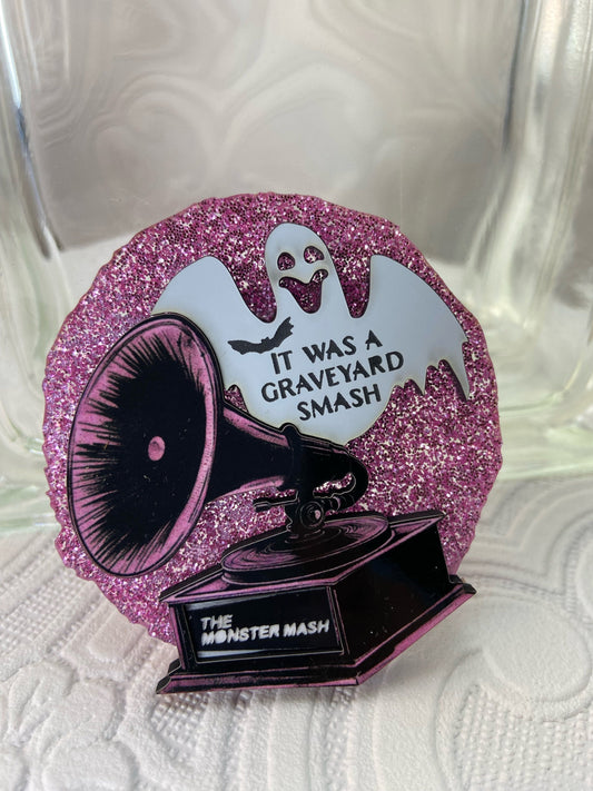 Spooky Brooch, It was a Graveyard Smash, the Monster Mash. Delightful and Impressive.  Laser Cut Wood and Acrylic, Sublimated Illustration.