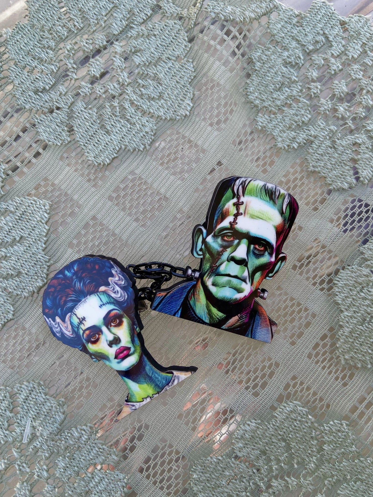 Frankenstein & His Bride Collar / Sweater Clips or Earrings ~ Spooky Wearable Art ~ Laser Cut Wood, Sublimated Illustration
