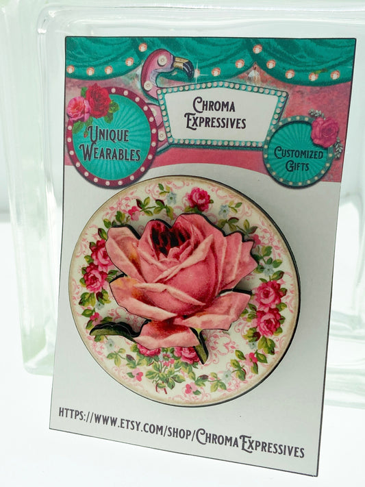 Beautiful Rose Round Brooch, 2 Layers, Pink and Red, Laser Cut Wood with Illustration Sublimated on top.  Feminine Gift, Gift for Mom