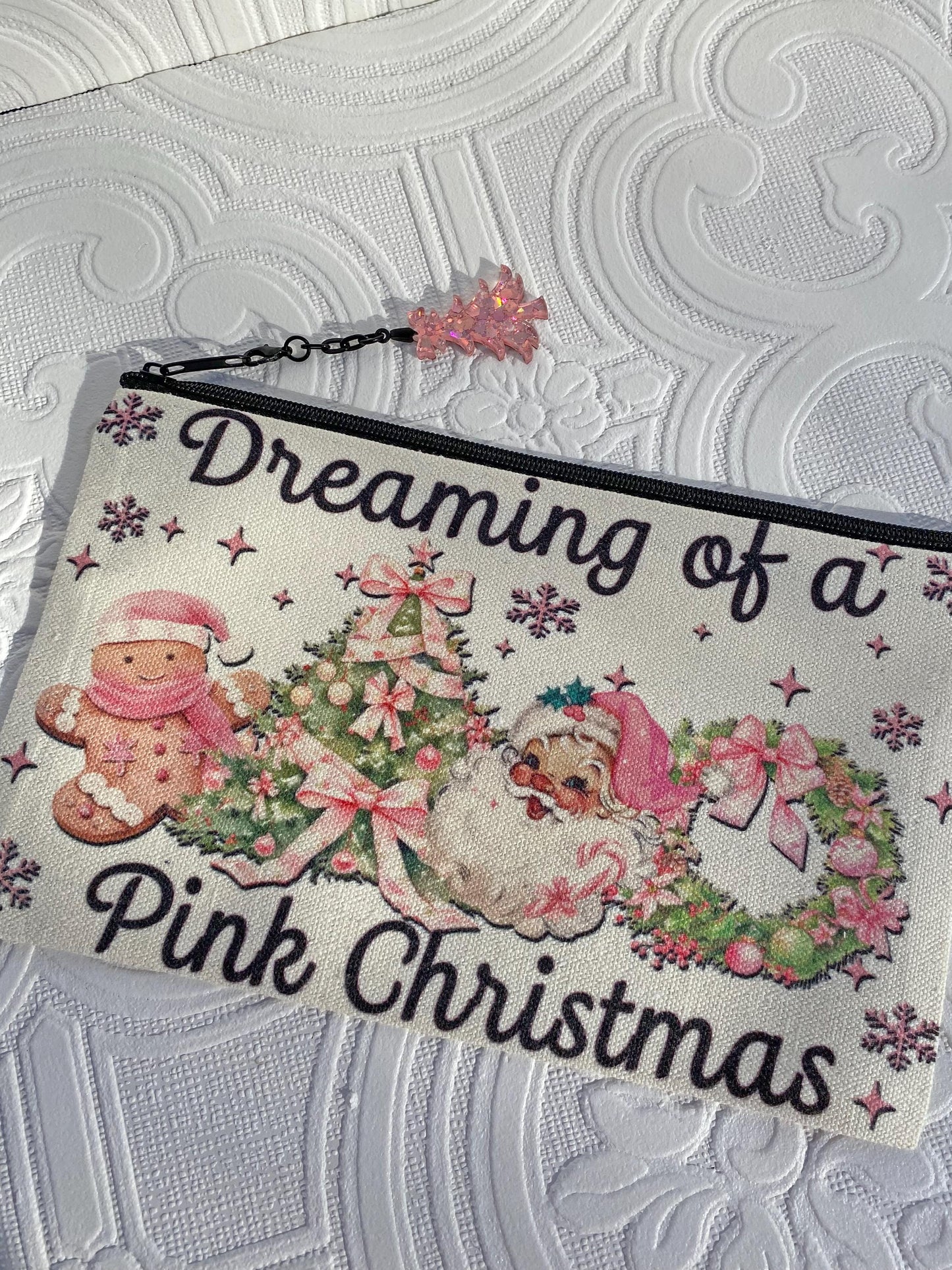 Dreaming of a Pink Christmas Makeup / Cosmetic Bag ~ Great Gift Idea, Quality Product, Image on BOTH sides, Laser Cut Pink Acrylic Tree Pull