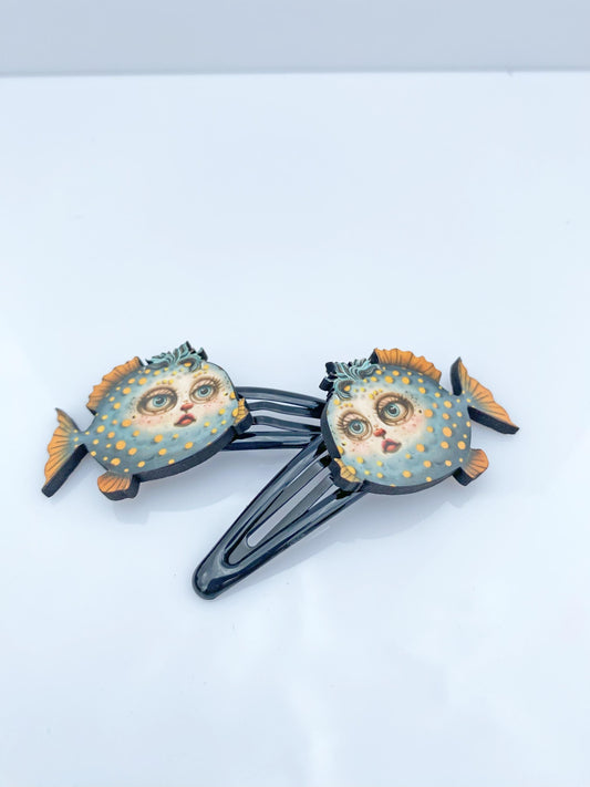 Pufferfish Hair Clips – Sublimated Laser Cut Wood | Quirky Ocean-Inspired Hair Accessories with Big Personality