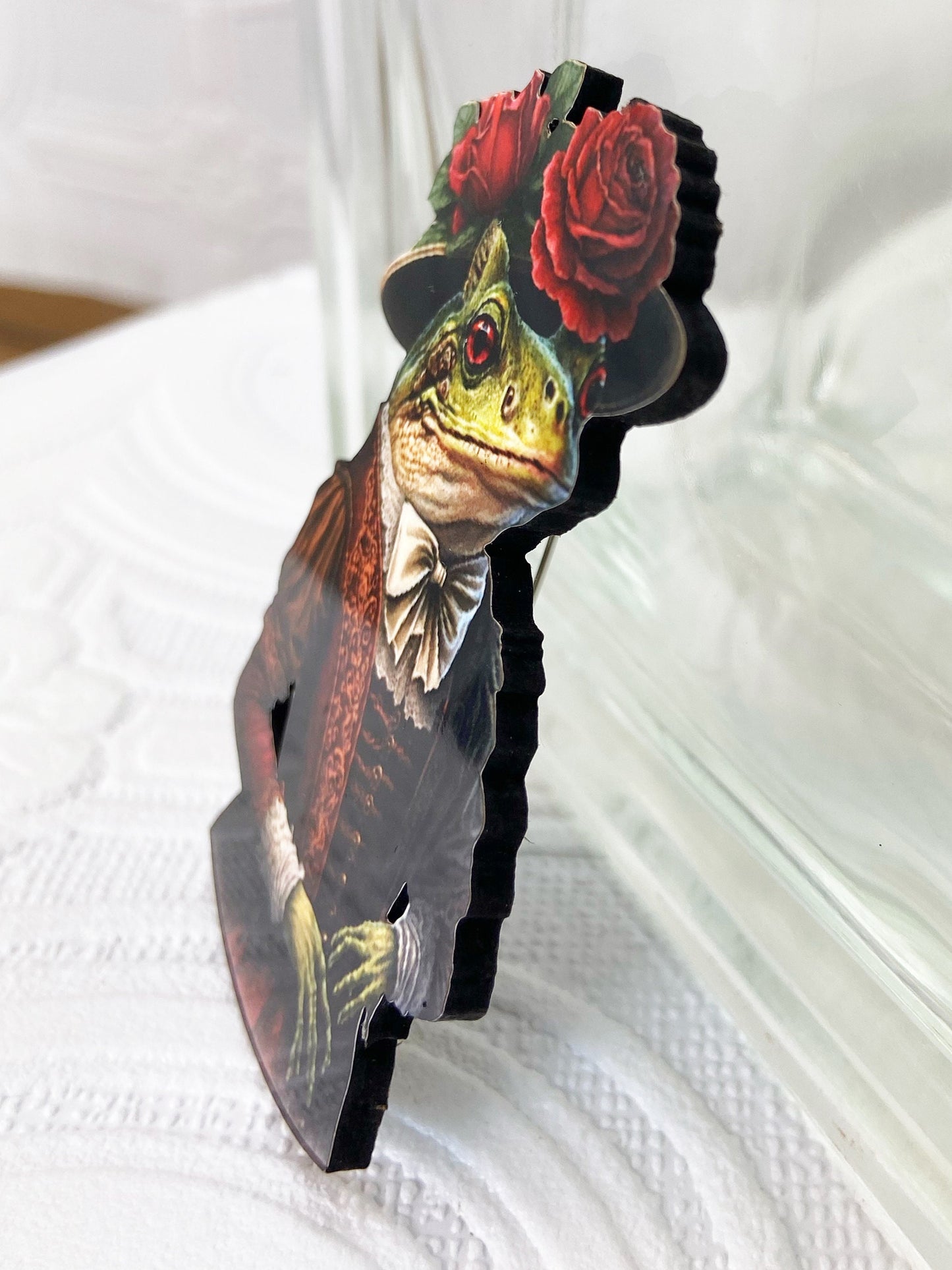 Pretty & sophisticated Ms. Toad Brooch ~ Decked out in wine-colored Victorian Dress and Fancy Floral Hat ~ Laser Cut Wood / Sublimated image