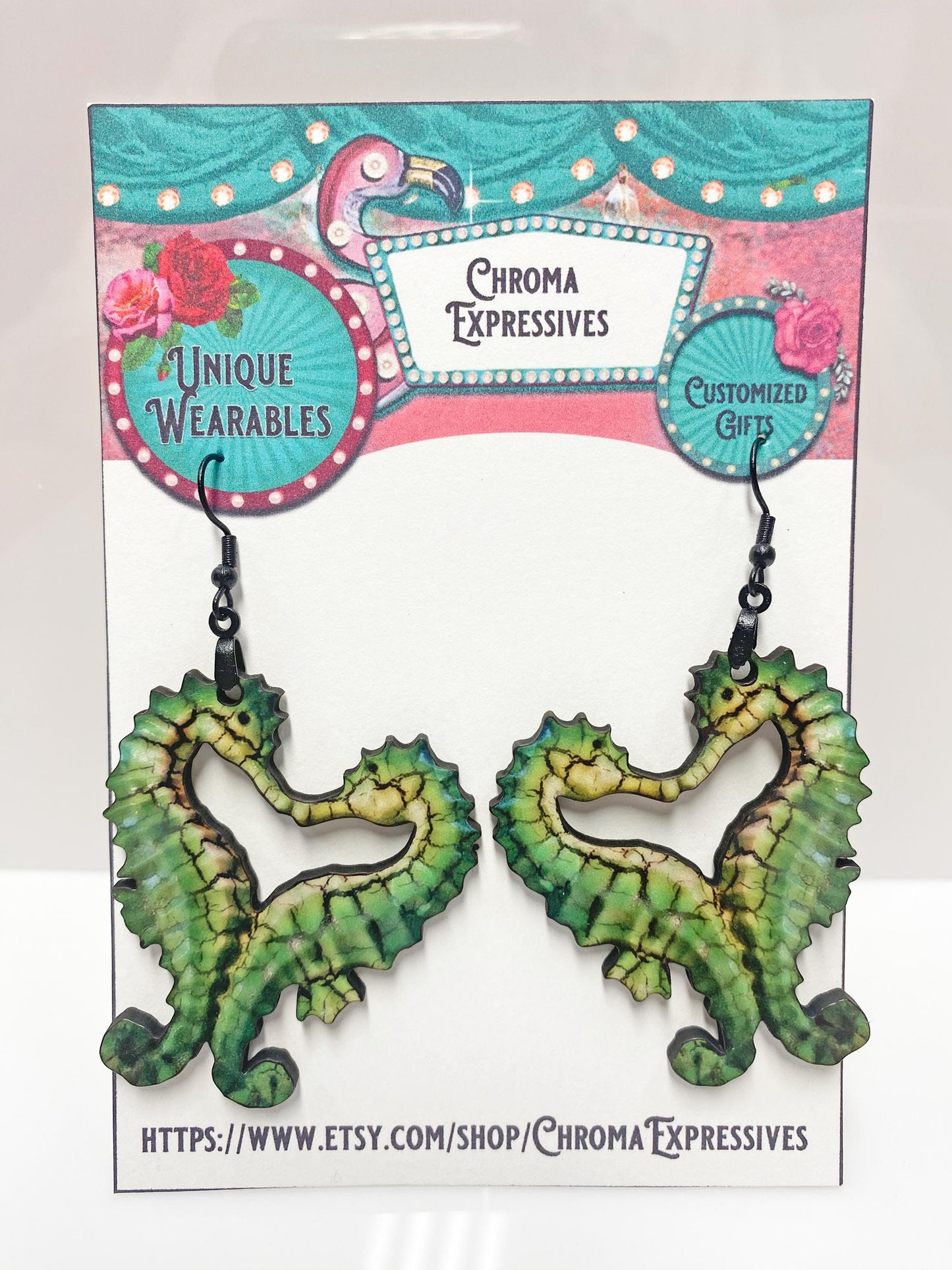 Handmade Wooden Seahorse Heart Earrings – Laser Cut & Sublimated for Durability – Ocean-Inspired Statement Jewelry
