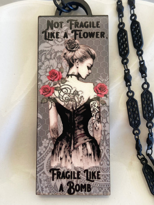 Elegant Handcrafted Illustration Necklace ~ Fragile Like a Bomb ~ Feminine and Strong Expression, Laser Cut Wood, Sublimated Image